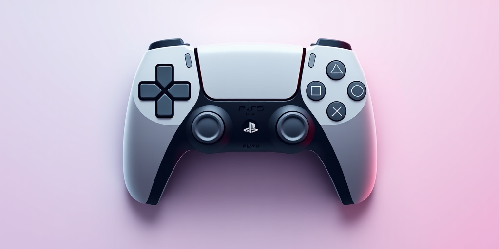 Create a high-resolution illustration of a PlayStation 5 controller against a gradient background, using a DSLR camera with a 50mm lens, f/2.8 aperture, ISO 100, and a top-down view for enhanced detail and clarity.
