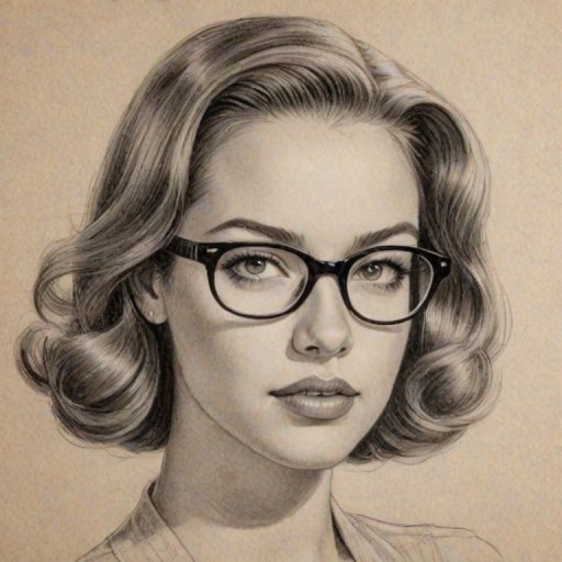 Dazzling Alexis Knapp, pencil sketch, portrait of Ravishing woman 1938s in glasses, hair style beatnik, outline, clear lines, fine lines, 8k
