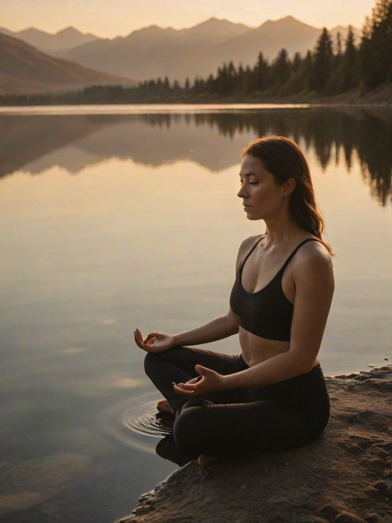 Soft-focus image of a woman meditating by a lake at sunrise, her silhouette reflected in the calm water, with distant mountains barely visible under a soft golden sky.