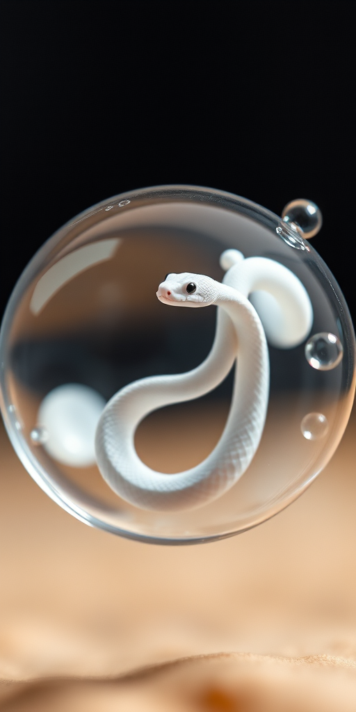 Create an image of a small white snake inside a transparent bubble with floating bubbles around it, using a shallow depth of field, f/2.8 aperture, 50mm lens, soft lighting, and a macro photography style.