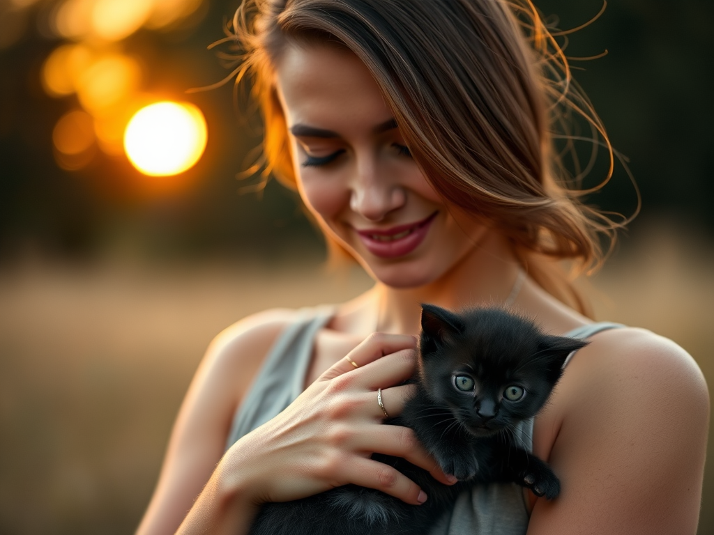 portrait of a woman holding a small black kitten during sunset, soft focus background with bokeh effect, golden hour lighting, Nikon D850, 85mm f/1.4 lens, f/2.8, ISO 200, 1/200 sec, natural light