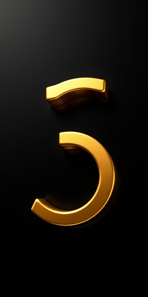 Create a 3D rendering of the number three in shiny gold with a smooth gradient and a soft shadow on a black background, shot with a DSLR camera at f/2.8, ISO 100, 50mm lens, utilizing a macro view and a studio lighting setup.