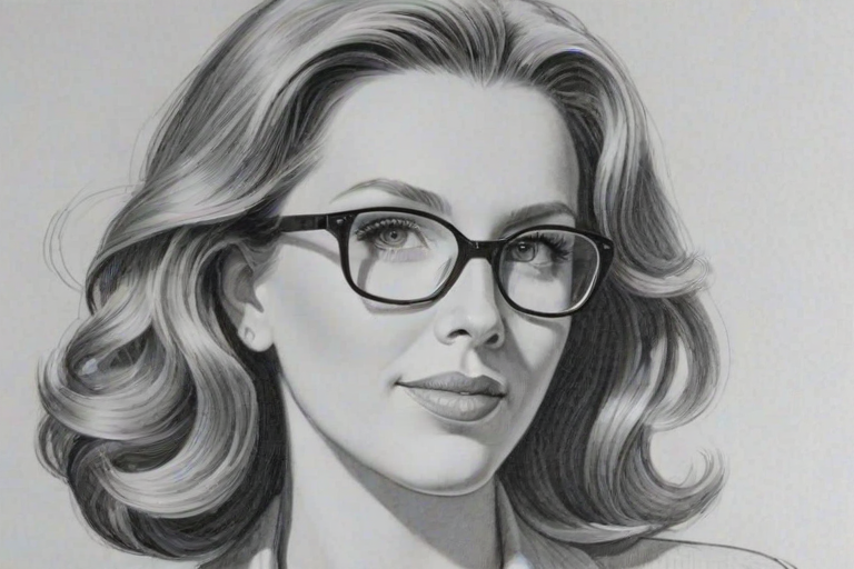 Delightful June Diane Raphael, pencil sketch, portrait of Appealing woman 1941s in glasses, hair style beatnik, outline, clear lines, fine lines, 8k