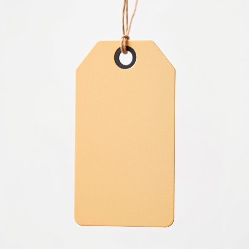 Create a high-resolution image of a blank beige price tag with a hole at the top, using a DSLR camera with a 50mm lens, aperture set to f/2.8, ISO 100, and a shallow depth of field for enhanced focus on the tag, shot in a well-lit studio setting.