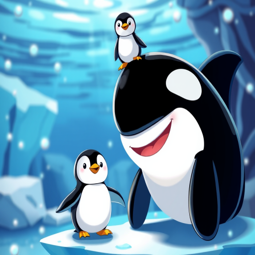 create a vibrant cartoon scene featuring a smiling orca and a penguin on an ice floe, with a cute penguin perched above, underwater depth of field, shot with a DSLR camera at f/8, ISO 200, 24mm lens, soft lighting, colorful palette, high-resolution.