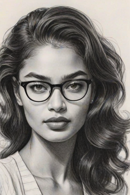 Fascinating Shanina Shaik, pencil sketch, portrait of Fascinating woman 1945s in glasses, hair style beatnik, outline, clear lines, fine lines, 8k