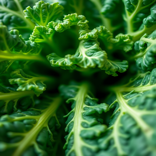 Generate a high-resolution image of kale leaves with a focus on the texture and vibrant green color, using a Canon EOS 5D Mark IV with a 50mm f/1.8 lens, ISO 100, aperture f/4, and a shot from a low angle to enhance depth and detail.