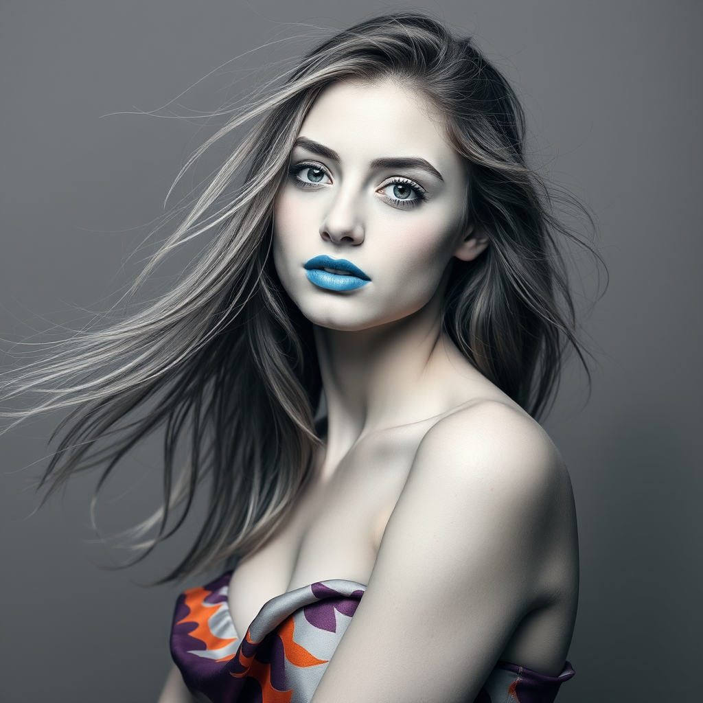 Photographic image of a beautiful young Mizrahi woman, cyan eyes, lips with cyan lipstick, long hair fluttering in the wind and wearing a silk strapless dress with a soft purple and orange print. monochrome image with only color highlights in the iris of the eyes, lipstick and dress. Gray background.