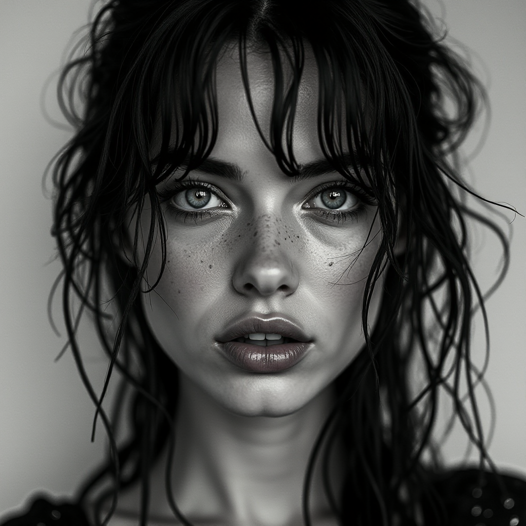 a striking portrait in the style of black-and-white photography, dramatic high-contrast lighting eloquently tracing the intricate details of hand-drawn pen strokes, a beautiful Nordic woman tousled hair and shining, focus on blue eyes and red lips, radiating with intensity portrait that highlights her dark , wet, . The monochromatic statement features her pale skin colored by tiny beads of sweat and water droplets, showcasing a hyper-detailed composition that focuses entirely on her unforgettable face. The stylized composition basks in atmosphere and mystery, created by the powerful, piercing gaze of the water-driven Nordic woman as she commands an intense and mesmerizing aura within the limited frame. Composed to evoke a sense of nostalgic wonder, this portrait perfectly captures the essence of a bygone era.