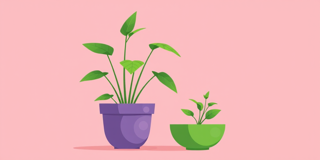 Create a minimalistic illustration of two potted plants against a soft pink background, focusing on a larger green plant in a purple pot and a smaller plant in a green bowl, shot with a DSLR camera at f/2.8, ISO 100, with a shallow depth of field to enhance the vibrancy of the colors and soft shadows.