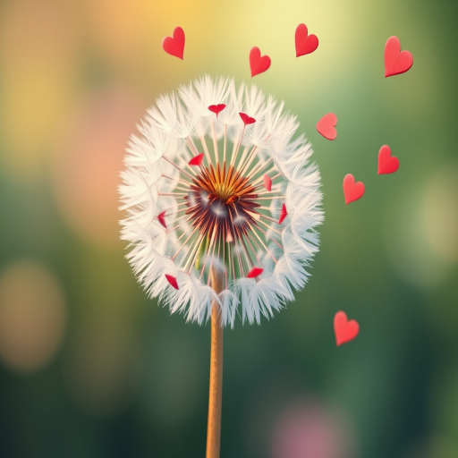 Create a vibrant illustration of a dandelion with red heart-shaped seeds dispersing in a gentle breeze, using a macro lens setting at f/2.8, 50mm focal length, with a shallow depth of field to enhance the detail and softness of the background, in a high-resolution digital art style.