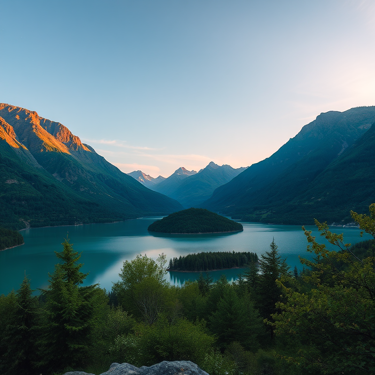 Generate a high-resolution image of a serene landscape featuring a tranquil lake surrounded by lush green mountains, sunrise lighting, with a wide-angle view, using a DSLR camera with an aperture of f/8, ISO 100, shutter speed of 1/125 sec.