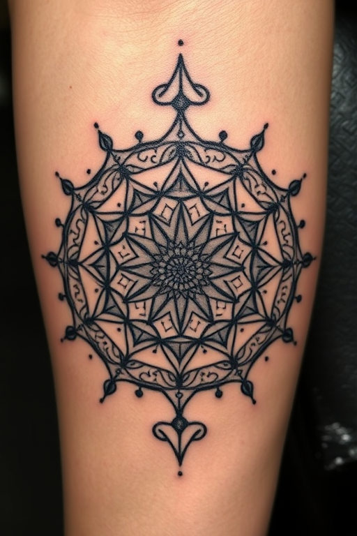 Intricate blackwork tattoo depicting a geometric mandala with intricate dotwork shading and symmetrical patterns, incorporating sacred geometry elements, called "Cosmic Symmetry"