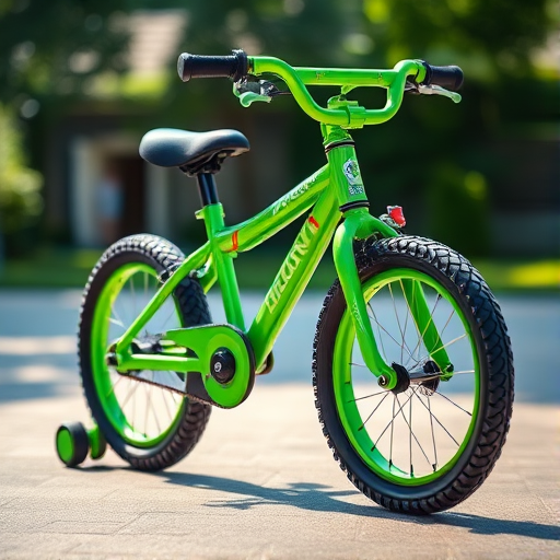 A vibrant green children's bicycle with training wheels, captured in a close-up shot at a 45-degree angle, using a DSLR camera with a 50mm lens, aperture set to f/2.8 for shallow depth of field, ISO 100 for minimal noise, and soft natural lighting to enhance colors and details.