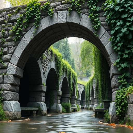 Create a highly detailed 3D rendering of a stone bridge overgrown with vines, captured from a low-angle perspective using a professional DSLR camera with a 50mm lens, f/1.8 aperture, 100 ISO, and soft natural lighting to enhance texture and depth.