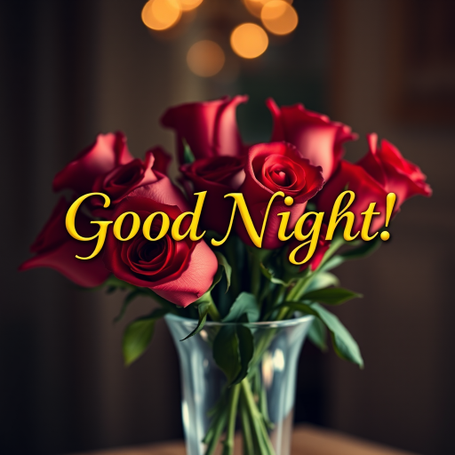 Create an image with the text "Good Night!" in golden Garamond font, placed atop a delicate vase filled with vibrant red roses, with soft focus and warm lighting effects.