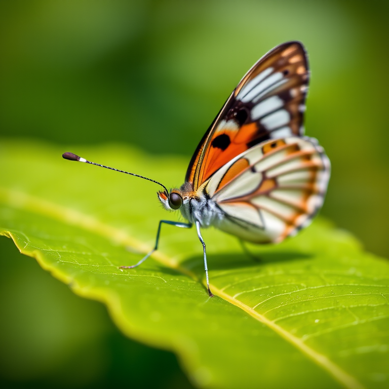 Close-up of a butterfly resting on a green leaf, macro lens, f/2.8 aperture, ISO 100, 1/200 sec shutter speed, natural lighting, shallow depth of field, DSLR camera.
