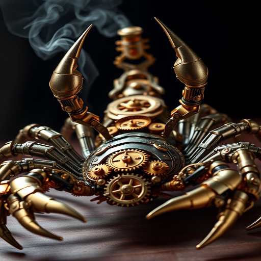 Create a high-intensity, high-resolution image of a steampunk scorpion, featuring intricate clockwork mechanisms and brass gears. The scorpion should have metallic limbs with elaborate jointed segments, showcasing a blend of Victorian-era aesthetics and futuristic technology. The body should be adorned with cogwheels, pistons, and small steam vents emitting a subtle mist, the front pinchers should up up and open. Capture the scene with dramatic lighting to emphasize the mechanical details, giving it a sense of motion and life
