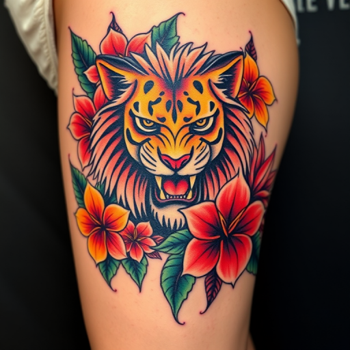 Neo-traditional tattoo of a fierce lioness surrounded by vibrant tropical flowers on the thigh, bold outlines and rich, saturated colors creating a striking contrast