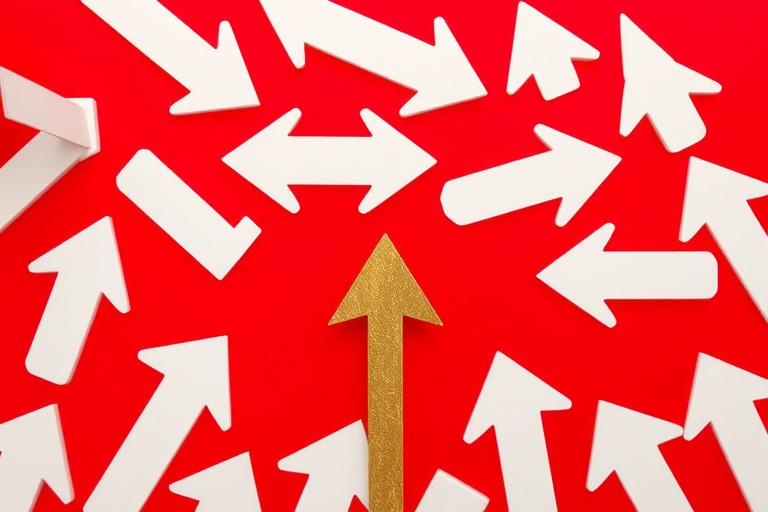 Create an image of a dynamic scene with multiple white arrows pointing in various directions against a vibrant red background, featuring a single gold arrow prominently placed in the foreground, captured with a DSLR camera at f/2.8 aperture, ISO 100, 35mm focal length, in a top-down view style to enhance image depth and focus.
