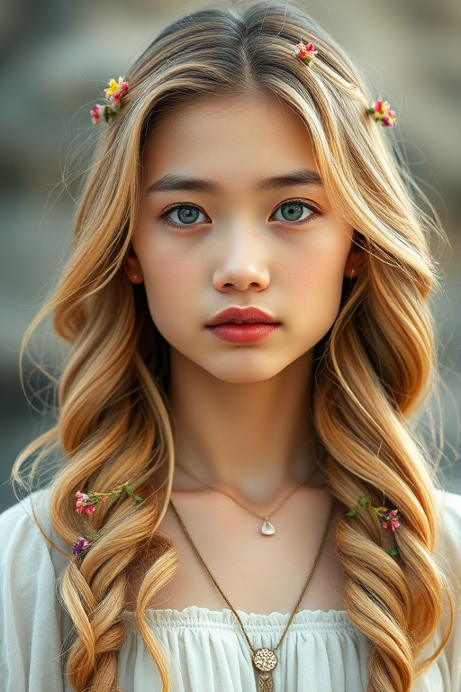 Create an image of a young Hmong woman with long, wavy blonde hair, adorned with small, colorful flowers woven into her braids and loose strands. Her complexion is fair, with soft, glowing skin, and she has light blue eyes that gaze softly at the viewer. She wears a light, flowing dress with a gentle, ethereal quality, complementing her delicate and serene appearance. The background is slightly blurred, drawing focus to her tranquil expression and the intricate details of the flowers in her hair. The overall mood of the image is one of natural beauty and grace, evoking a sense of peacefulness and connection with nature.