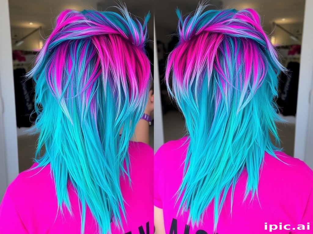 Edgy turquoise mullet with neon pink undertones, styled in tousled layers for a modern punk rock vibe, christened "Cyber Tsunami"