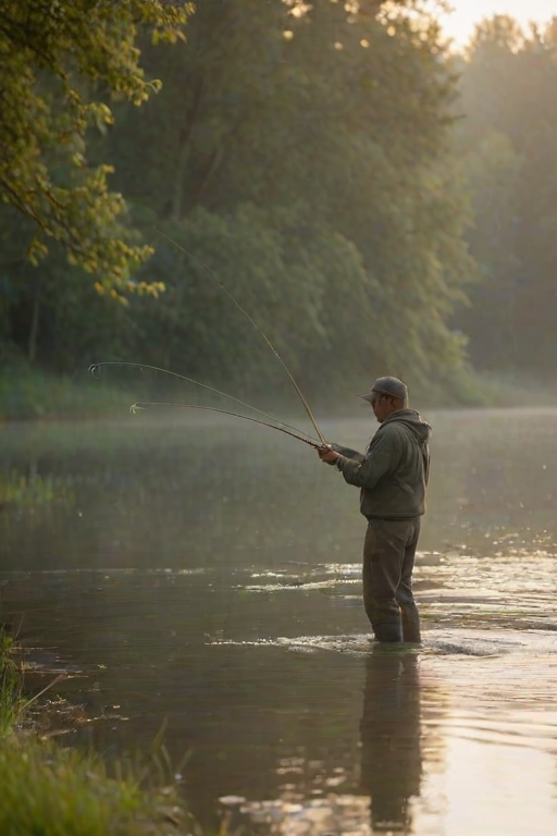 Blurry candid shot of a fisherman casting his line into a quiet river at dawn, with soft mist rising from the water and trees softly blurred in the background.