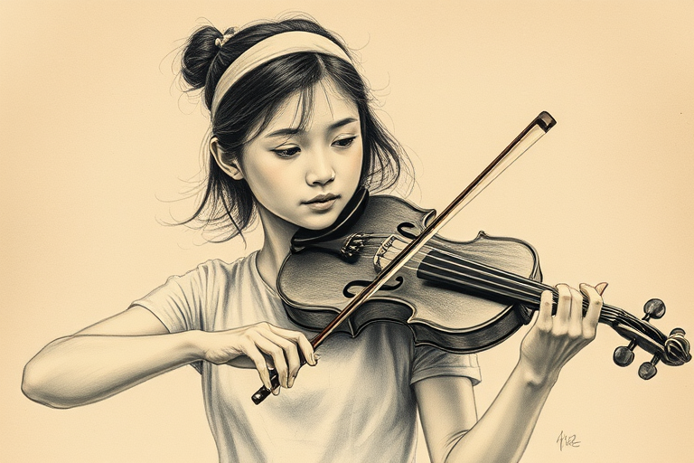 a young Singaporean woman with a white headband playing a violin, in the style of a charcoal drawing, sepia grunge background