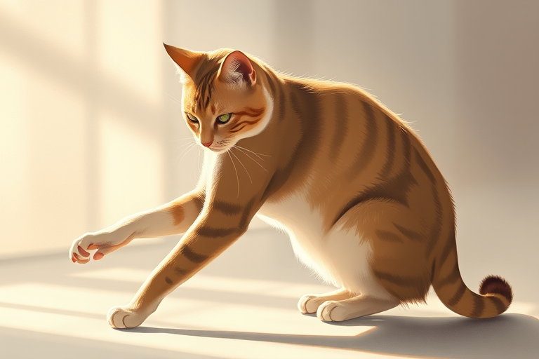 Create a detailed illustration of a cat in an elegant pose, capturing its graceful movement, with soft lighting and a blurred background to enhance focus on the subject, using a DSLR camera with a 50mm lens, aperture set to f/2.8, ISO 100, and shutter speed of 1/200s for optimal clarity.