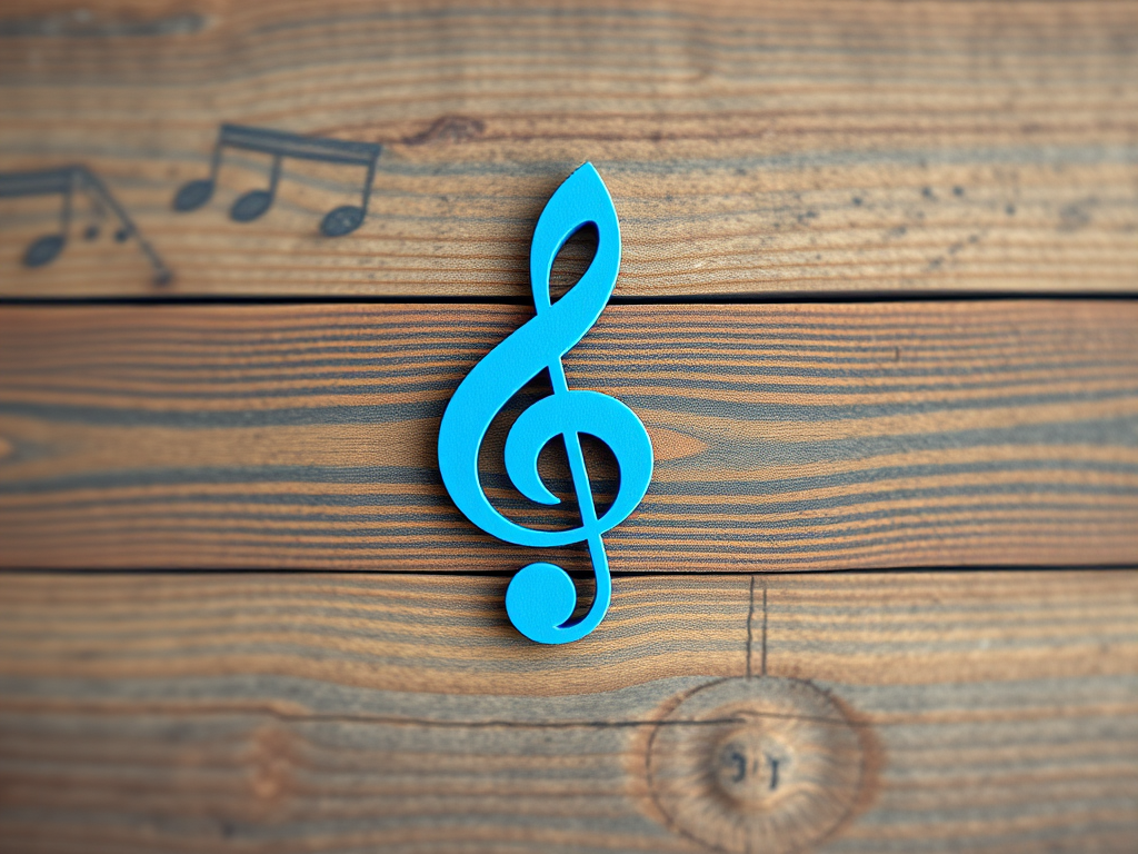 Create a vibrant blue musical note design with a wood grain texture, using a digital art style, high resolution, 4K quality, with a soft focus effect, shot from a front view using a digital camera with an aperture of f/2.8 and ISO 100.