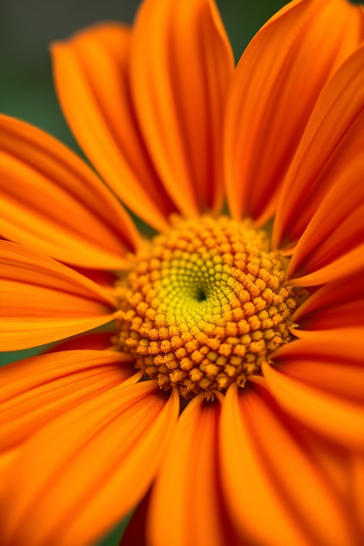 macro photograph of an orange flower with detailed petals and yellow center, shallow depth of field, f/2.8, ISO 100, 100mm lens, natural light, taken with a DSLR camera