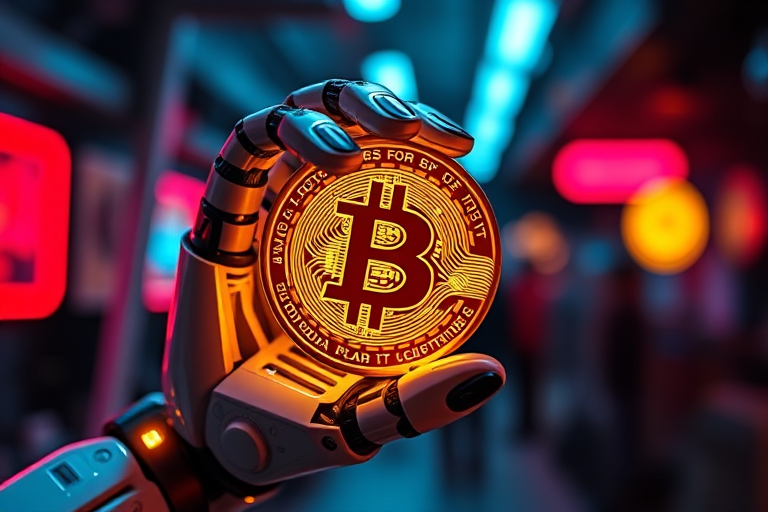 A futuristic robotic hand holding a glowing Bitcoin in a neon-lit environment, shot with a Canon EOS R5 at f/1.8, ISO 100, 50mm lens, 1/200 sec shutter speed, close-up perspective for enhanced detail and vibrant colors.