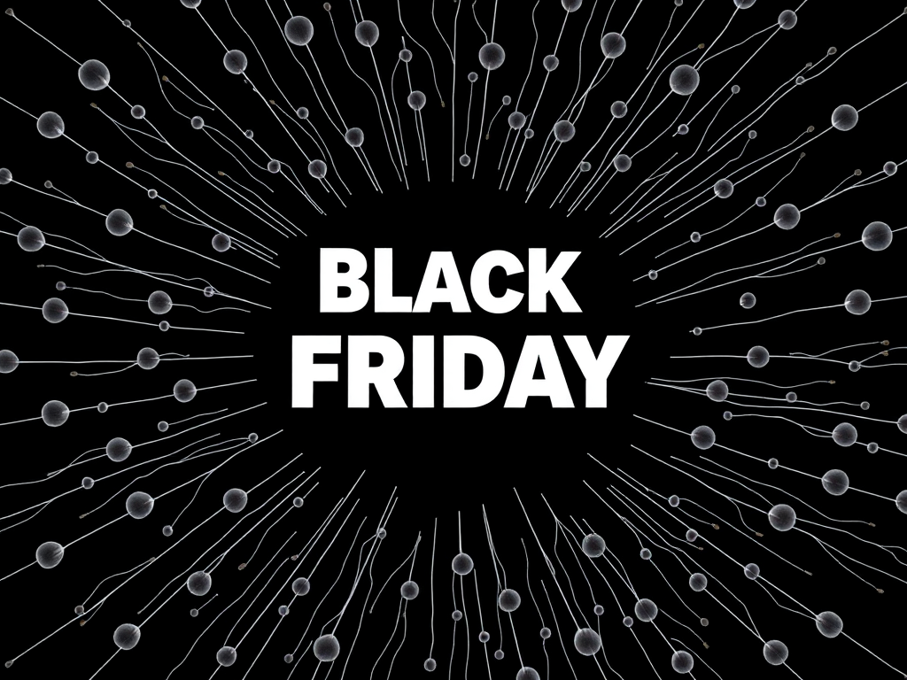 Create an image featuring the text "Black Friday" in bold white font at the center, surrounded by radial lines resembling sperm, with a high contrast black background, using a DSLR camera, aperture set to f/2.8, shutter speed 1/60s, ISO 100, high dynamic range for enhanced clarity.