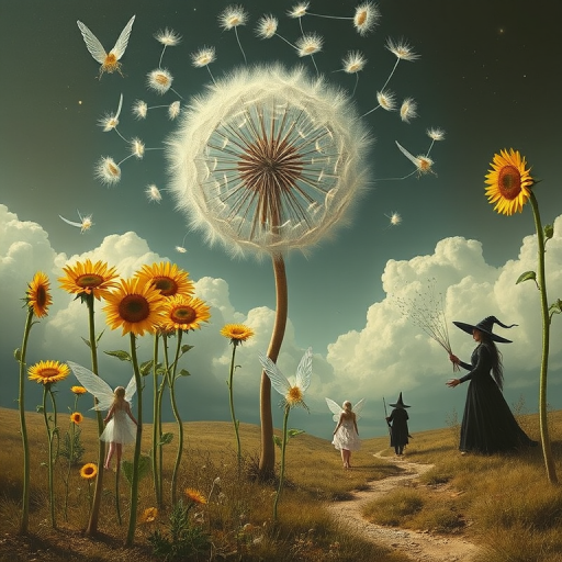 A surreal allegory featuring ethereal fairies, towering sunflowers, and an enigmatic witch, all set within a dreamlike landscape. The scene is dominated by a colossal dandelion, its delicate seeds floating through the air, reminiscent of Yves Tanguy's abstract forms. The environment is a blend of otherworldly elements and natural beauty, with twisted, elongated shapes and surreal colors that evoke a sense of mystery and enchantment.