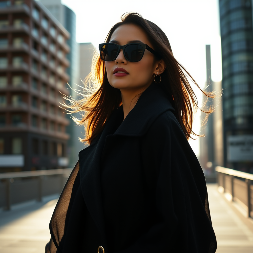 Cityscape backdrop, fashionable attractive model , wearing black shades, oversized coat, minimalist accessories, urban chic vibe, Shoot against a strong backlight using a 50mm f/1.2 lens to create a soft, silhouetted profile, highlighting the flow and transparency of the fabric