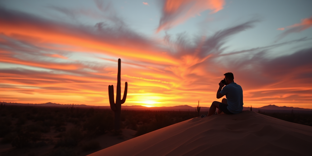 Dramatic sunset over a desert landscape, with cacti silhouetted against the colorful sky, and a lone traveler sitting on a sand dune, capturing the moment with a camera.