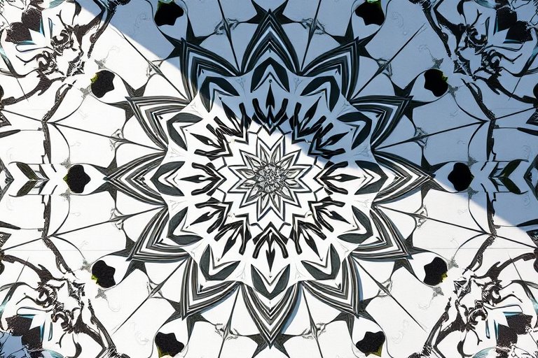 Generate an abstract design featuring intricate geometric shapes and patterns in a monochromatic color scheme, captured with a DSLR camera at f/2.8 aperture, ISO 100, 1/200 sec shutter speed, taken from a top-down view with natural lighting for enhanced detail.