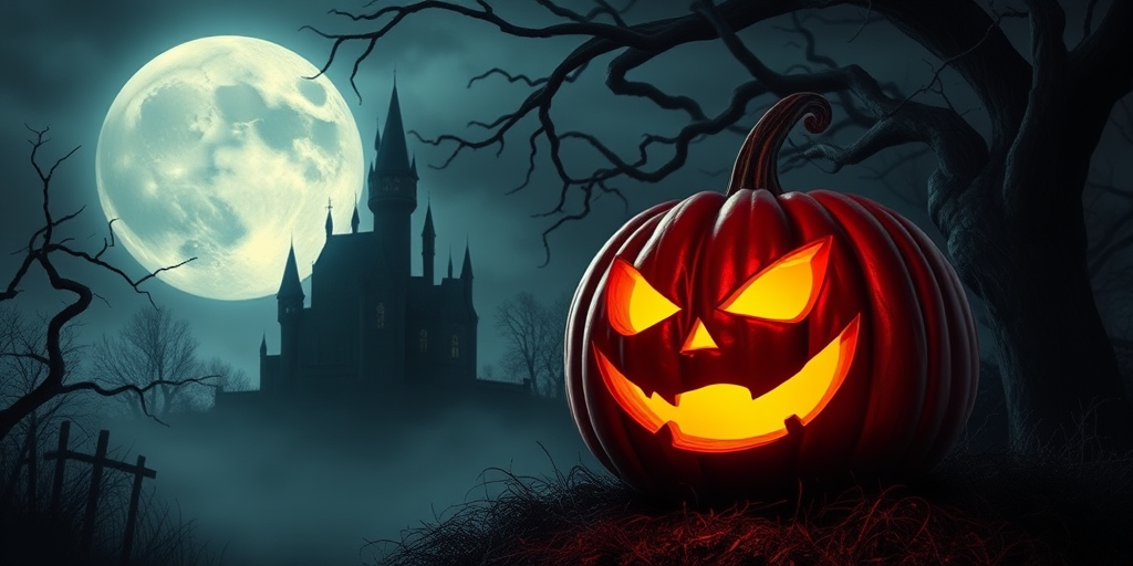 A spooky Halloween scene featuring a carved pumpkin with a menacing expression glowing from within surrounded by dark twisted trees a large full moon in the background and a silhouette of an eerie castle in the distance with a misty atmosphere and deep shadows creating a haunting vibe