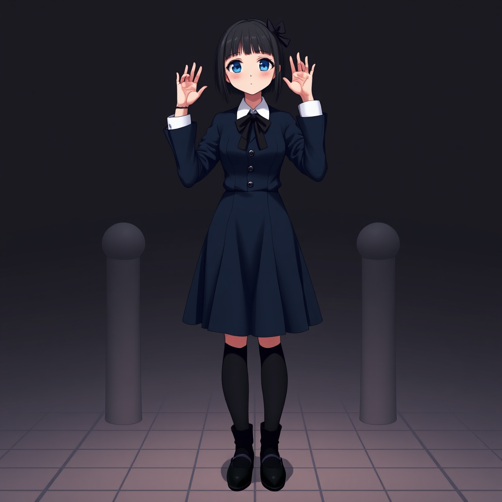 Digital art, full height portrait of Wednesday Addams, standing up with her hands in the air as if in a hold-up. Her dark, gothic attire replaces Alice’s classic blue dress, and she wears black shoes instead of blue. A small, neat black bow adorns her hair, capturing her signature style. The overall composition maintains a whimsical yet eerie tone, similar to Alice in Wonderland, while showcasing Wednesday’s iconic gothic charm.