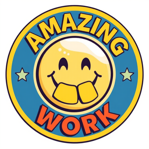 Create an illustration of a circular badge featuring a smiley face with beer in its mouth, surrounded by the words Amazing Work in a playful font, using a Canon EOS R5 camera with a 50mm f/1.2 lens, aperture set to f/2.8 for sharpness, ISO 100 for optimal detail, and a vibrant color palette to enhance visual appeal.
