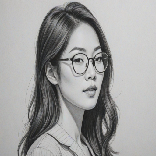 Ravishing Arden Cho, pencil sketch, portrait of Graceful woman 1963s in glasses, hair style beatnik, outline, clear lines, fine lines, 8k