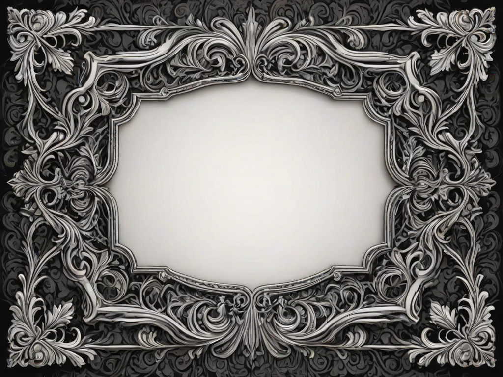 regenerate a vintage ornate frame design with intricate patterns and a blank center for text, in a black and white color scheme
