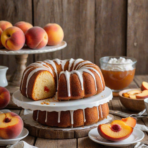 Create an image of a beautifully baked peach bundt cake. The cake should have a golden brown exterior and be generously topped with a glossy glaze. Show a slice cut out to reveal the moist, inviting interior filled with slices of fresh peaches. The cake is displayed on an elegant white cake stand with a rustic wooden background.