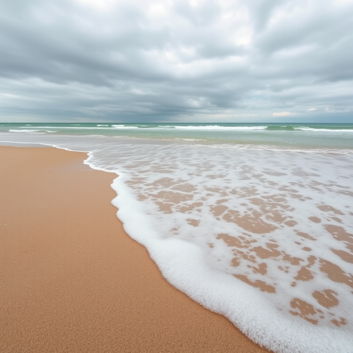 generate a serene beach scene with gentle waves lapping at the shore on a cloudy day, use a wide-angle lens at f/8, ISO 100, shutter speed 1/250s, capture in natural light with a DSLR camera for enhanced image quality