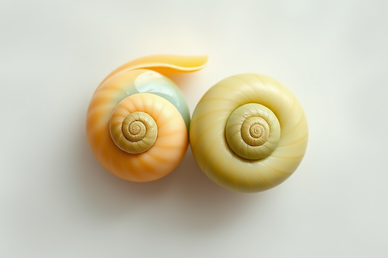 Create a high-resolution digital illustration of two spiral-shaped shells, one yellow and one green, using a Canon EOS R5 camera with a 50mm f/1.2 lens, ISO 100, aperture f/8, and a soft-focus background to enhance details and colors, shot in natural light from a top-down perspective.