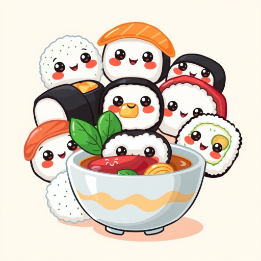 Create a cute and colorful illustration of various adorable sushi items, including nigiri, maki rolls, and a bowl of ramen, with big expressive eyes and smiles, on a soft beige background, captured with a DSLR camera at f/2.8 for a shallow depth of field, 50mm lens, vibrant colors, and high contrast for a playful and inviting look.