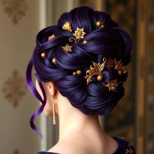 Regal amethyst purple hair styled in an elaborate renaissance-inspired updo with golden filigree accents, exuding majestic elegance named Royal Byzantium
