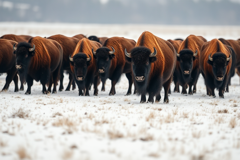 Bison herd in a snowy field, taken with a Canon EOS R5, 85mm lens, f/5.6 aperture, ISO 200, shutter speed 1/500s, captured from a low angle perspective for depth and detail.