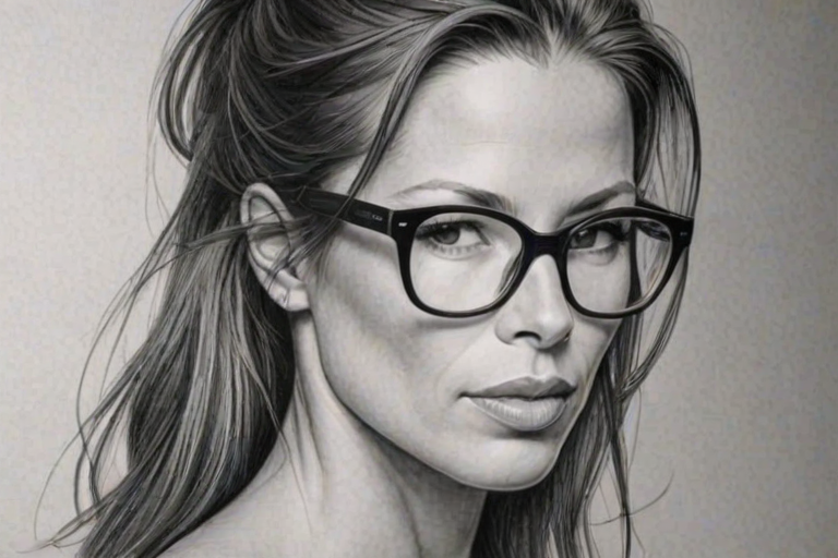 Elegant Rhona Mitra, pencil sketch, portrait of Magnificent woman 1963s in glasses, hair style beatnik, outline, clear lines, fine lines, 8k
