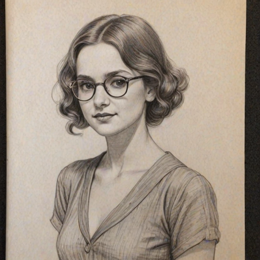 Appealing Maude Apatow, pencil sketch, portrait of Ravishing woman 1921s in glasses, hair style beatnik, outline, clear lines, fine lines, 8k